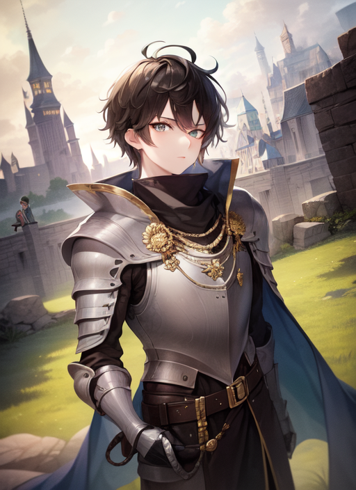 00514-3106394812-1boy, highres, knight, armor, standing, green hill, castle, black hair, wide shot, masterpiece, best quality, .png